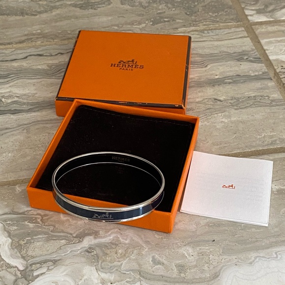 Hermes Bangle Curry Silver Navy Blue Enamel Bracelet - Picture 4 of 8